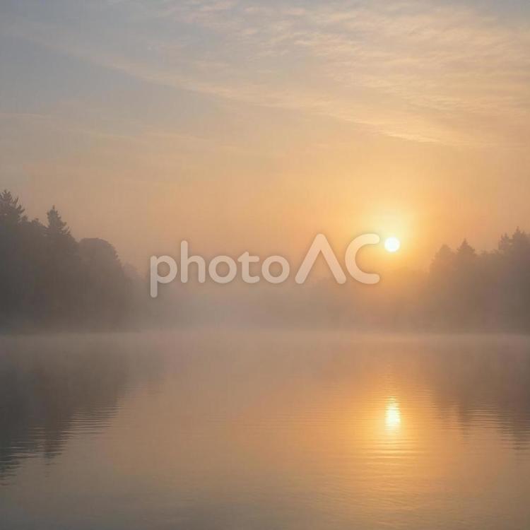 朝もやに包まれた静かな湖の風景 朝もや,湖,静けさの写真素材