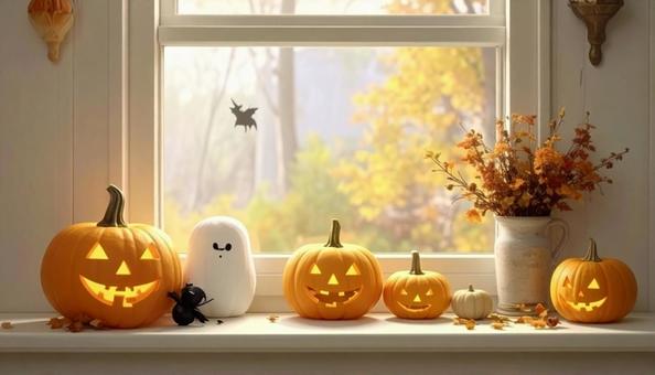 窓際のハロウィンデコレーション 窓際のハロウィンデコレーションの写真