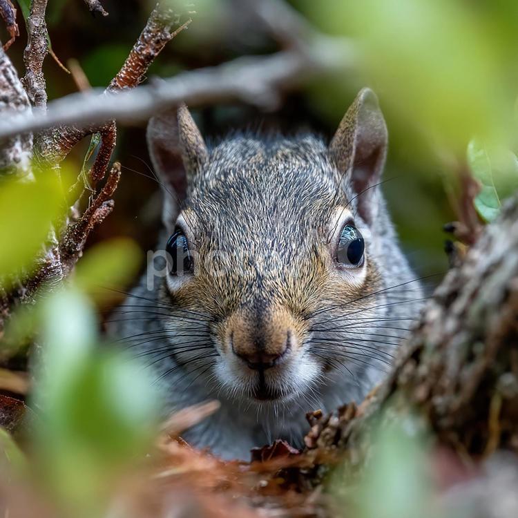 自然の中で見つけた：枝の陰から覗くリス リス,動物,野生動物の写真素材
