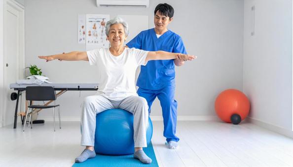 バランスボールでリハビリするシニア女性の写真
