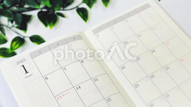 2025年1月手帳のカレンダー、植物 2025,カレンダー,新年の写真素材