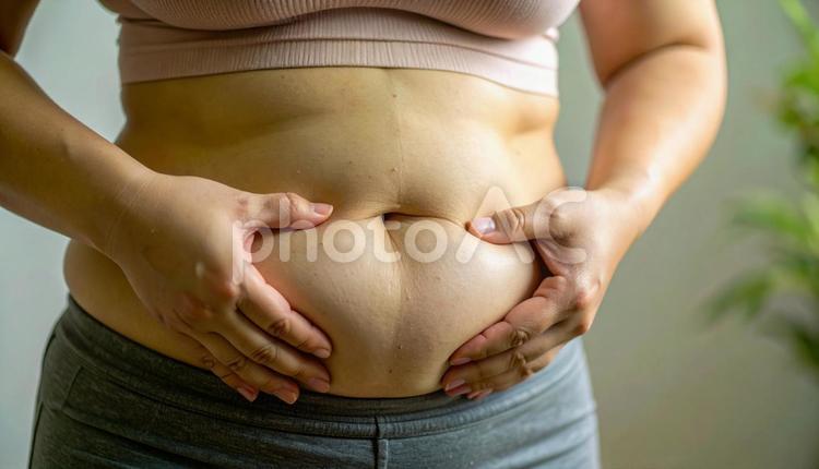 肥満でたるむお腹の贅肉をつまんでいる女性 肥満,お腹,腹部の写真素材