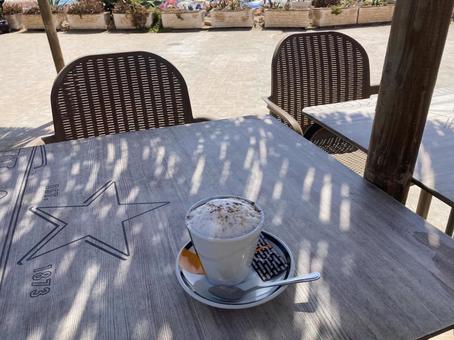 海辺のカフェ カフェ,スペイン,コーヒーの写真素材