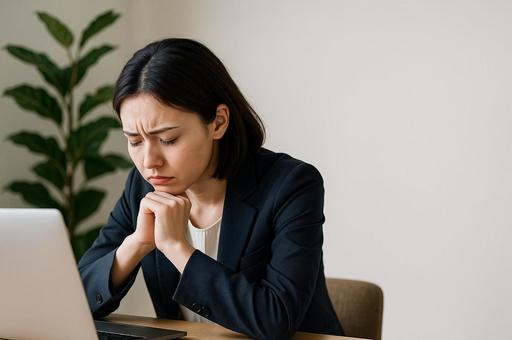 デスクで悩む女性の写真