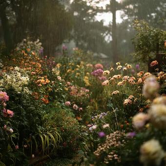 しっとり雨の庭の写真