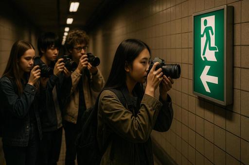 非常口を撮影する人物 非常口を撮影する人物の写真