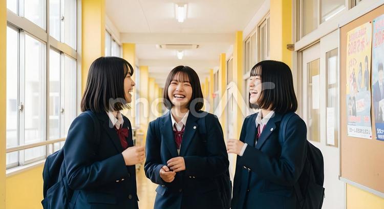 廊下で楽しそうな仲良し女子高生グループ 女子高生,高校生,廊下の写真素材