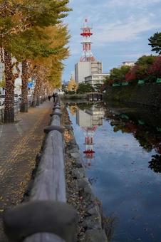和歌山城の堀に写った電波塔の写真 和歌山城,堀,電波塔の写真素材