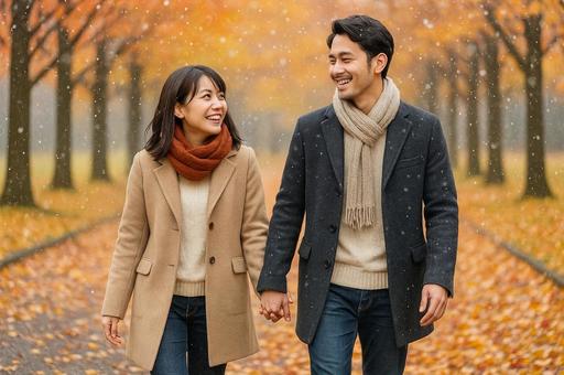 パラパラと雪が降る中を歩くカップルの写真