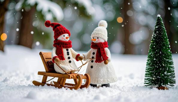ミニチュアの雪ダルマ人形のカップル ミニチュアの雪ダルマ人形のカップルの写真