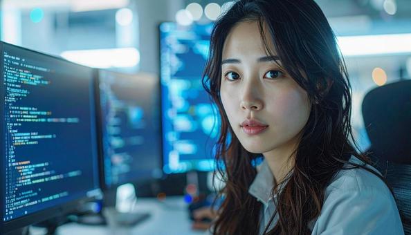 デュアルモニターで作業するプログラマーの写真