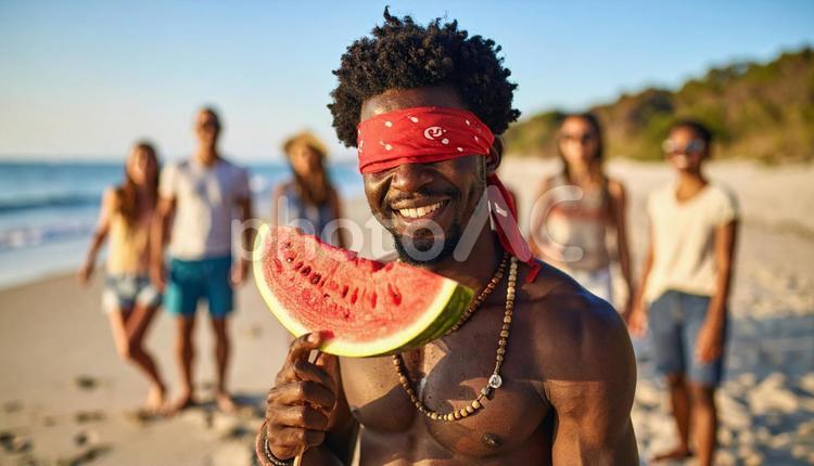 スイカ割り後にスイカを食べる男性 海,夏,人物の写真素材