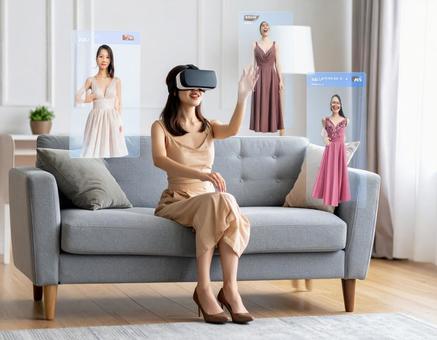 VRゴーグルを使ってドレスを選ぶ女性 VRゴーグルを使ってドレスを選ぶ女性の写真
