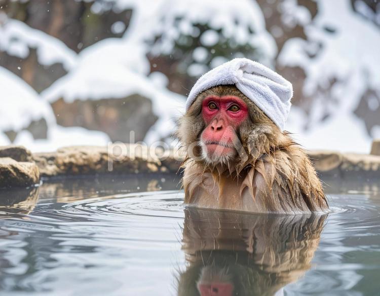 スノーモンキー・露天風呂の野猿 申年,年賀状,スノーモンキーの写真素材
