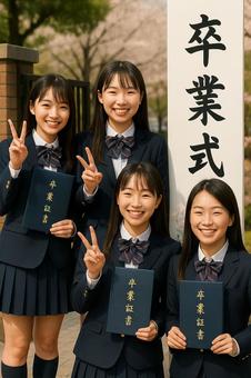 卒業式で友達と卒業証書を持って記念写真 卒業式で友達と卒業証書を持って記念写真の写真