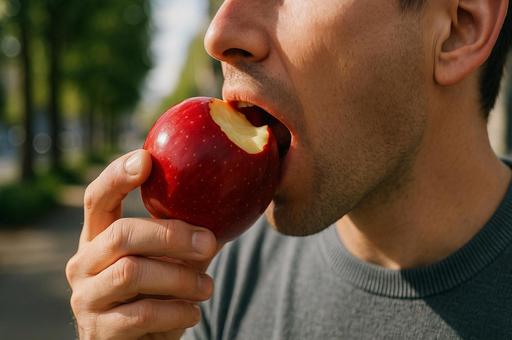 赤いリンゴを食べる瞬間の写真