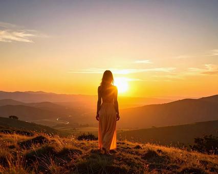 丘に立つ女性の写真