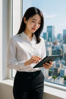 窓辺でタブレットを触る女性 窓辺でタブレットを触る女性の写真