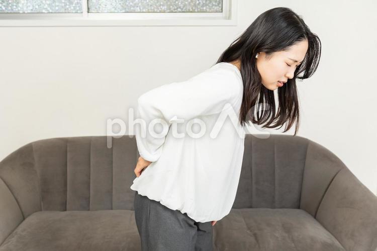 腰の痛みを感じる女性02 腰痛,背中,ぎっくり腰の写真素材