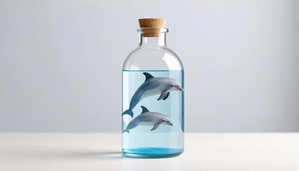 ガラス瓶の中の船イルカの親子、ボトルの写真