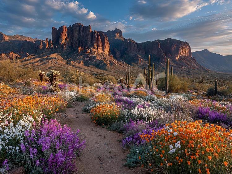 陽光に照らされる、壮大な岩山と可憐な花々 自然,風景,砂漠の写真素材