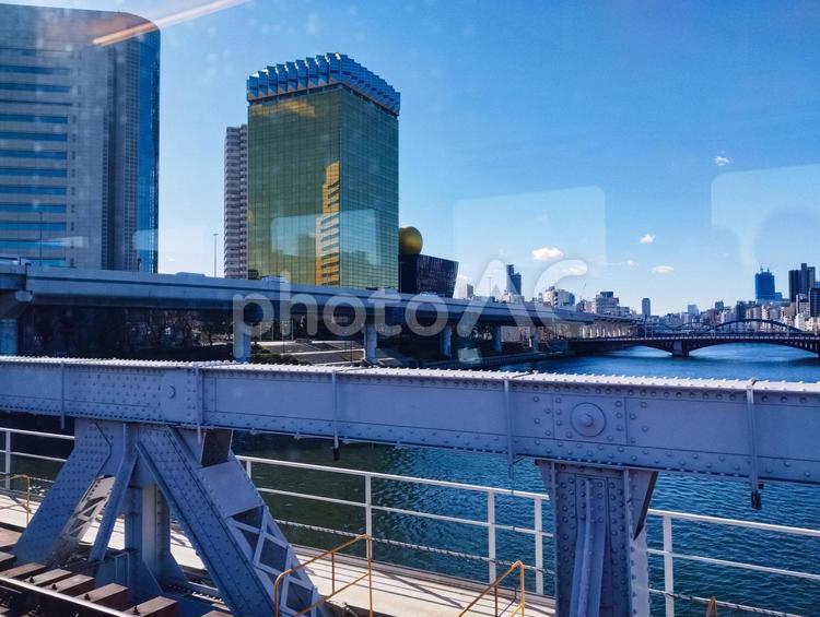 隅田川を渡る景色 車窓,スペーシアx,電車旅の写真素材
