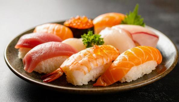 握り寿司 サーモン イカ マグロ イクラ 握り寿司 サーモン イカ マグロ イクラの写真