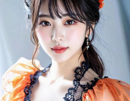 ハロウィンの仮装 女性 オレンジ色ドレス ハロウィンの仮装 女性 オレンジ色ドレスの写真