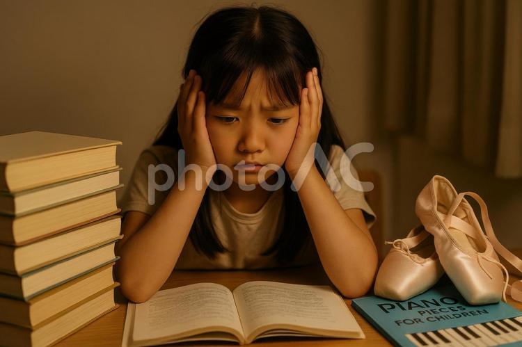 勉強と習い事の両立に苦しむ子ども 中学受験,習い事,勉強の両立の写真素材