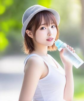 水分補給をする帽子を被った女性 水分補給をする帽子を被った女性の写真