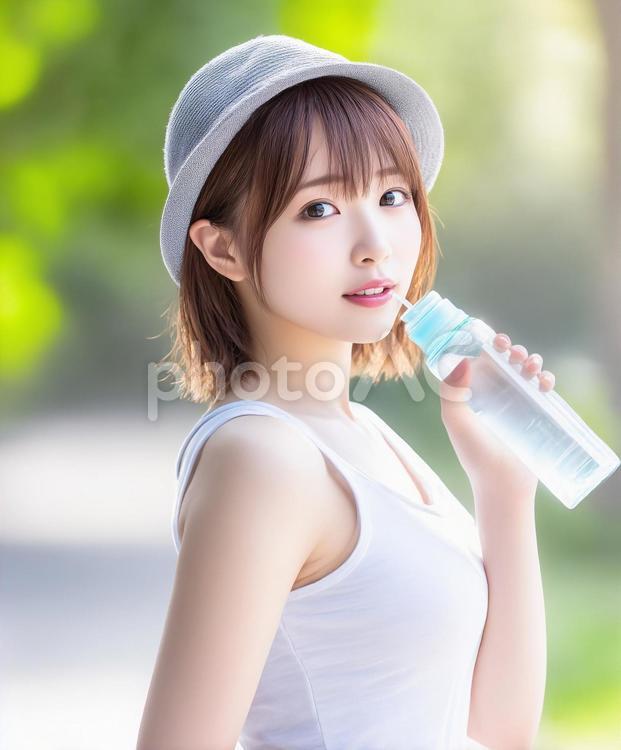 水分補給をする帽子を被った女性 夏,水分補給,女性の写真素材