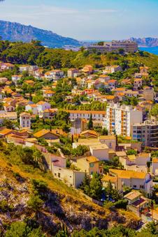 丘の住宅地と地中海（マルセイユ） 住宅地,丘,緑の写真素材