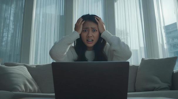 PCの前で頭を抱える女性 04 PCの前で頭を抱える女性 04の写真