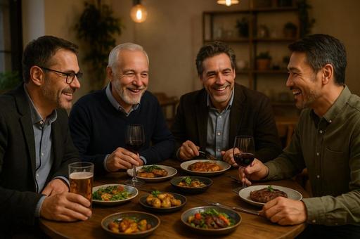 4人の男性がディナーを楽しむ 4人の男性がディナーを楽しむの写真