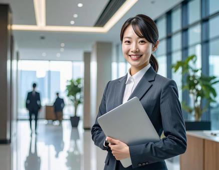 オフィスでPCを持って微笑む女性社員 オフィスでPCを持って微笑む女性社員の写真