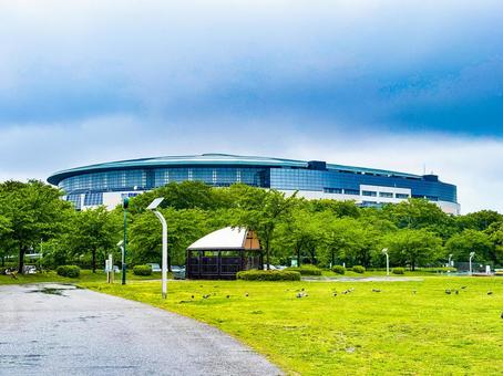 前橋公園から見るグリーンドーム前橋 前橋公園から見るグリーンドーム前橋 グリーンドーム前橋,曇り,雨の写真素材