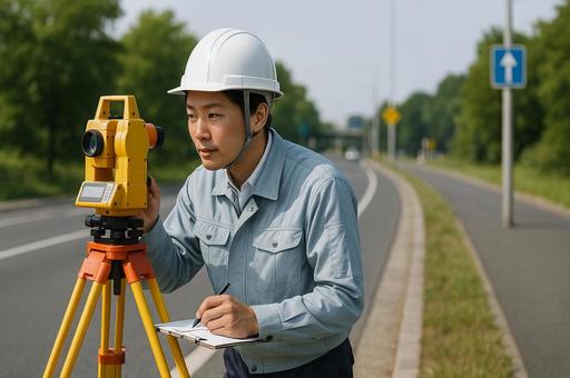 道路脇で距離を測定する測量士 道路脇で距離を測定する測量士の写真