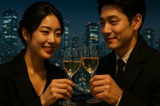 都会の夜景を背景に乾杯する男女の写真