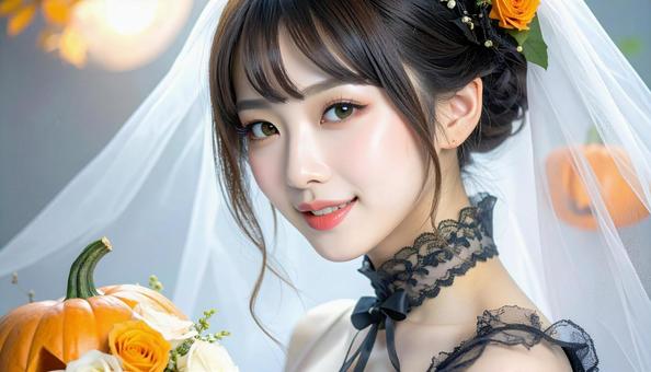 ハロウィンの仮装 女性 オレンジ色ドレス ハロウィンの仮装 女性 オレンジ色ドレスの写真