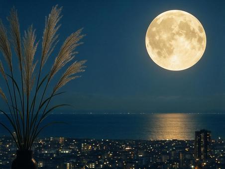 お月見 窓から見た満月 お月見 窓から見た満月の写真