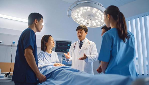 入院患者と家族に説明をする男性医師 入院患者と家族に説明をする男性医師の写真