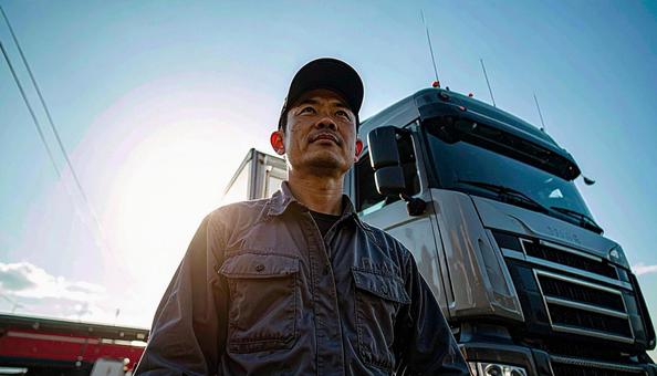 作業服を着たトラックの整備士 作業服を着たトラックの整備士の写真