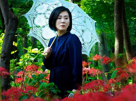 40：彼岸花を静かに眺める女性の写真