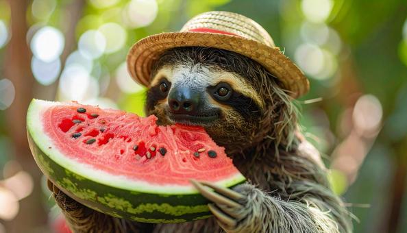 スイカを食べるナマケモノ スイカを食べるナマケモノの写真