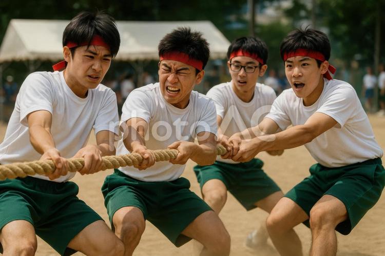 綱引きで力を合わせる高校生たち 高校生,綱引き,団体競技の写真素材