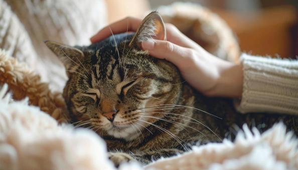 膝の上で寝る猫の写真