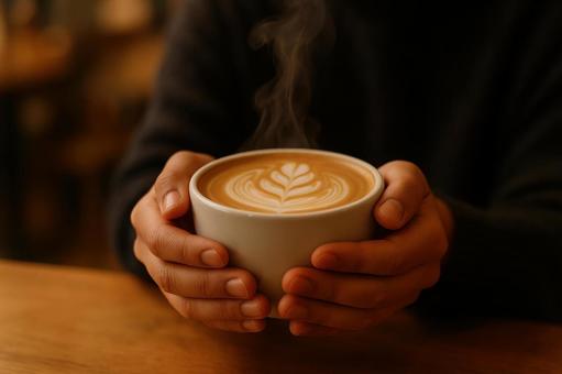 温かいカフェラテを両手で包むシーン 温かいカフェラテを両手で包むシーンの写真