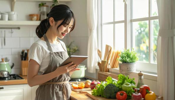 レシピを見ながら料理する日本人の若い女性 レシピを見ながら料理する日本人の若い女性の写真