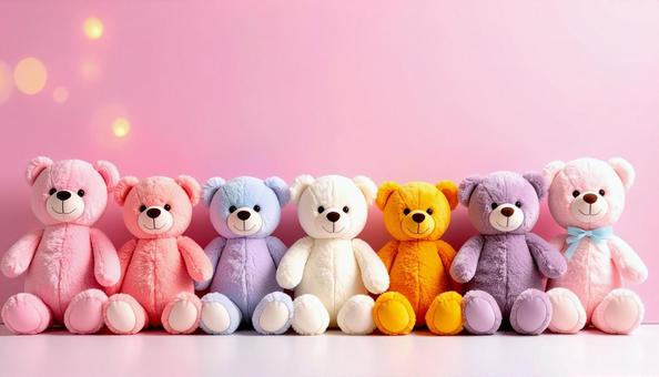 たくさん並んだクマのぬいぐるみ たくさん並んだクマのぬいぐるみの写真