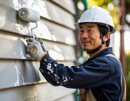 住宅の外壁塗装をする作業服の男性の写真